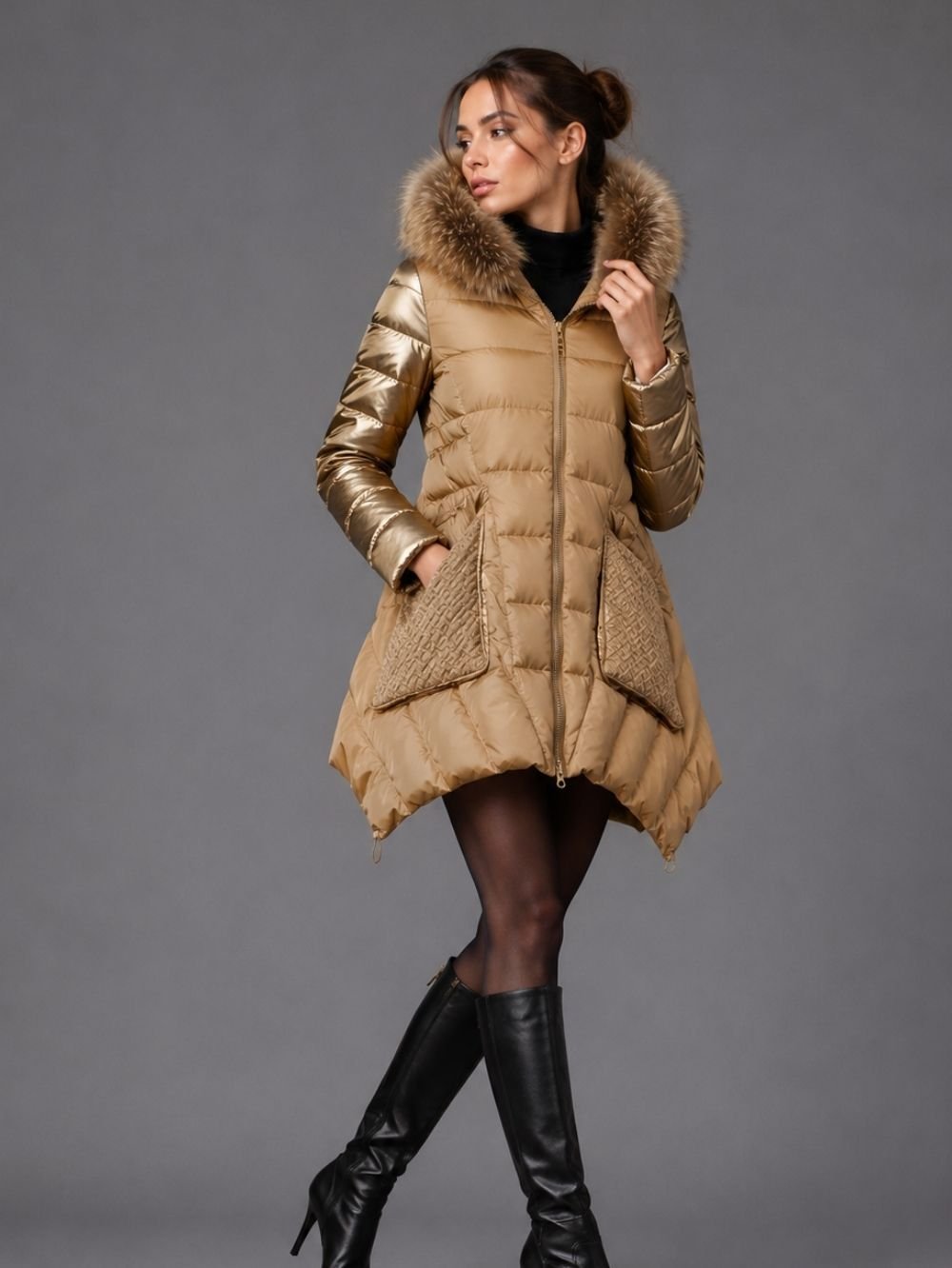 Gold Sleeve Fur Hooded Parka for Women SK1686
