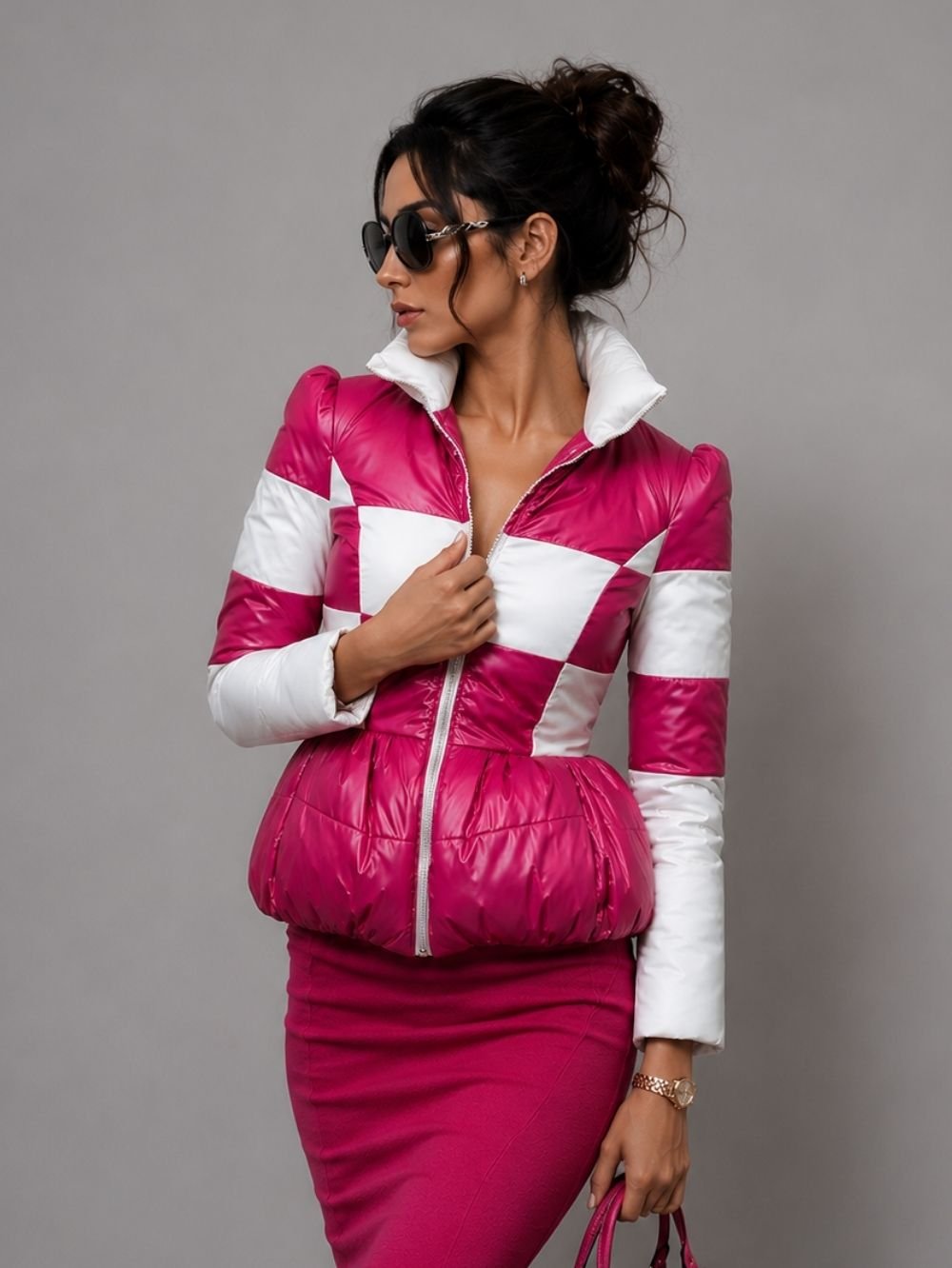 Pink White Plaid Puffer Jacket for Women SK1902