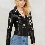 siyah çiçek işlemeli kısa deri ceket sk14929