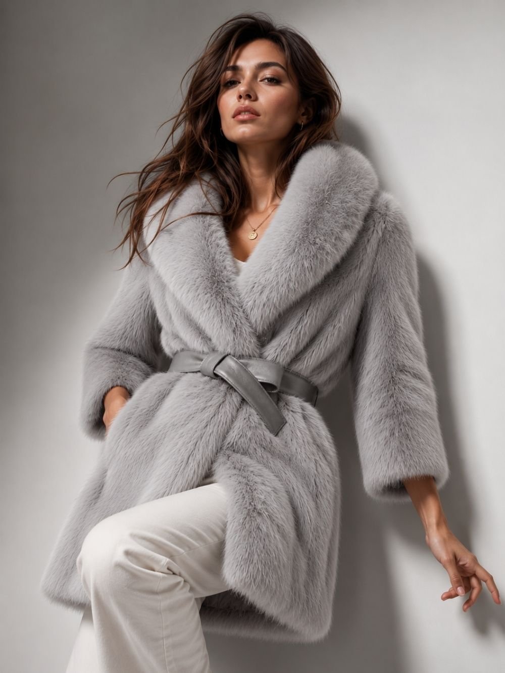 Lace Up Faux Fur Jacket for Women – Gray Winter Coat SK18020 - Image 3