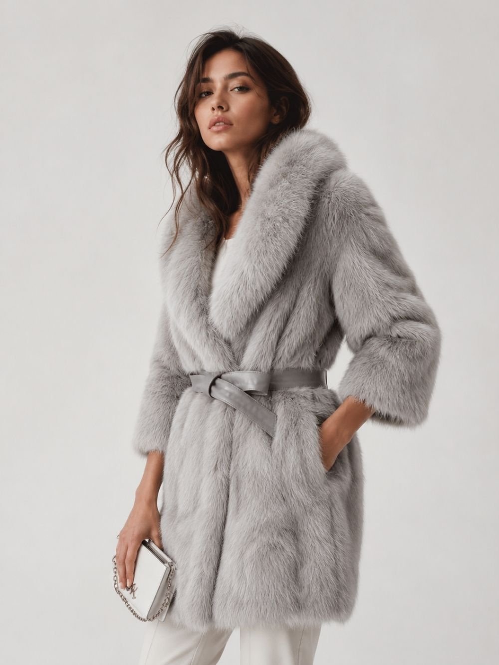 Lace Up Faux Fur Jacket for Women – Gray Winter Coat SK18020