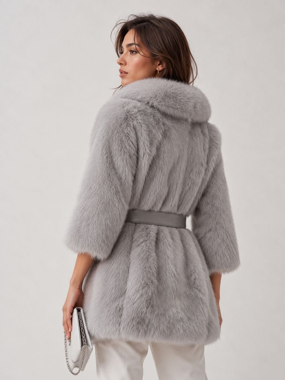 Lace Up Faux Fur Jacket for Women – Gray Winter Coat SK18020 - Image 2