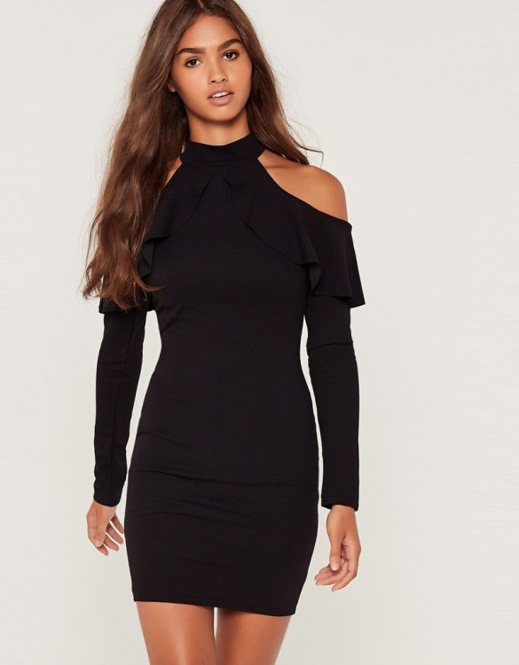 siyah omuz dekolteli mini elbise sk18788