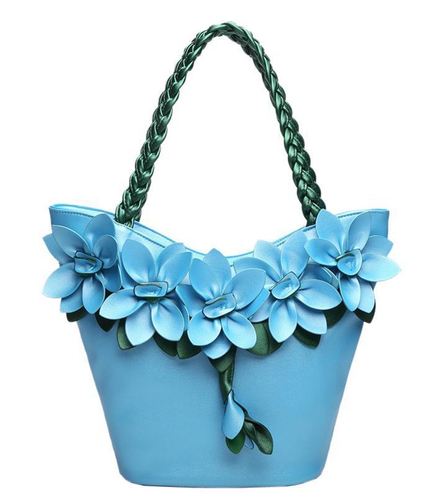 mavi örgü saplı çiçekli deri çanta sk22405