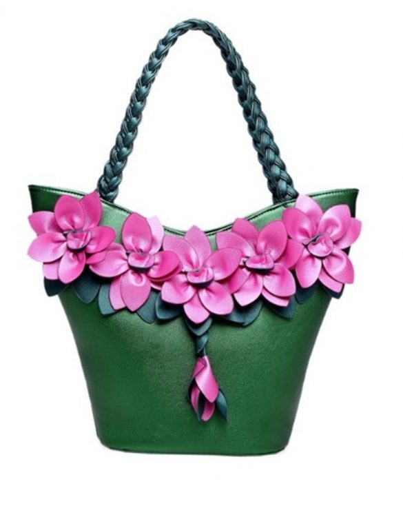 yeşil örgü saplı çiçekli deri çanta sk22405