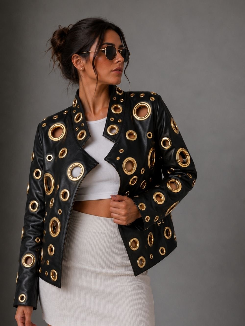 Eyelet Leather Jacket for Women – Open Front Biker SK25767