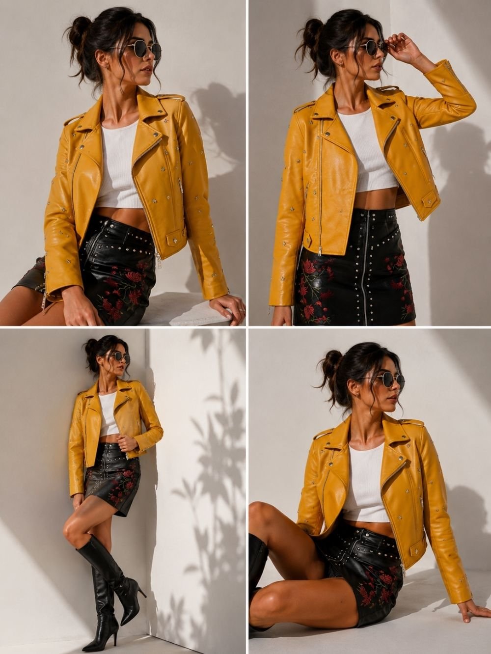 Studded Leather Jacket for Women – Yellow Biker SK25752 - Image 2