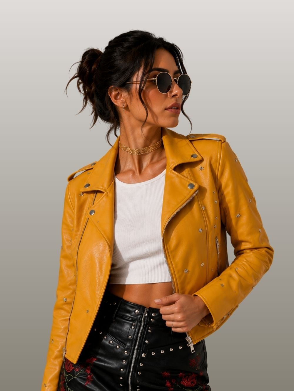 Studded Leather Jacket for Women – Yellow Biker SK25752