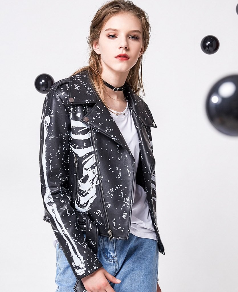 printed short leather jacket women black