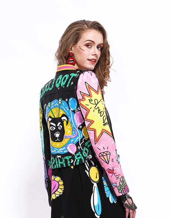 siyah karikatür desenli deri ceket sk25893