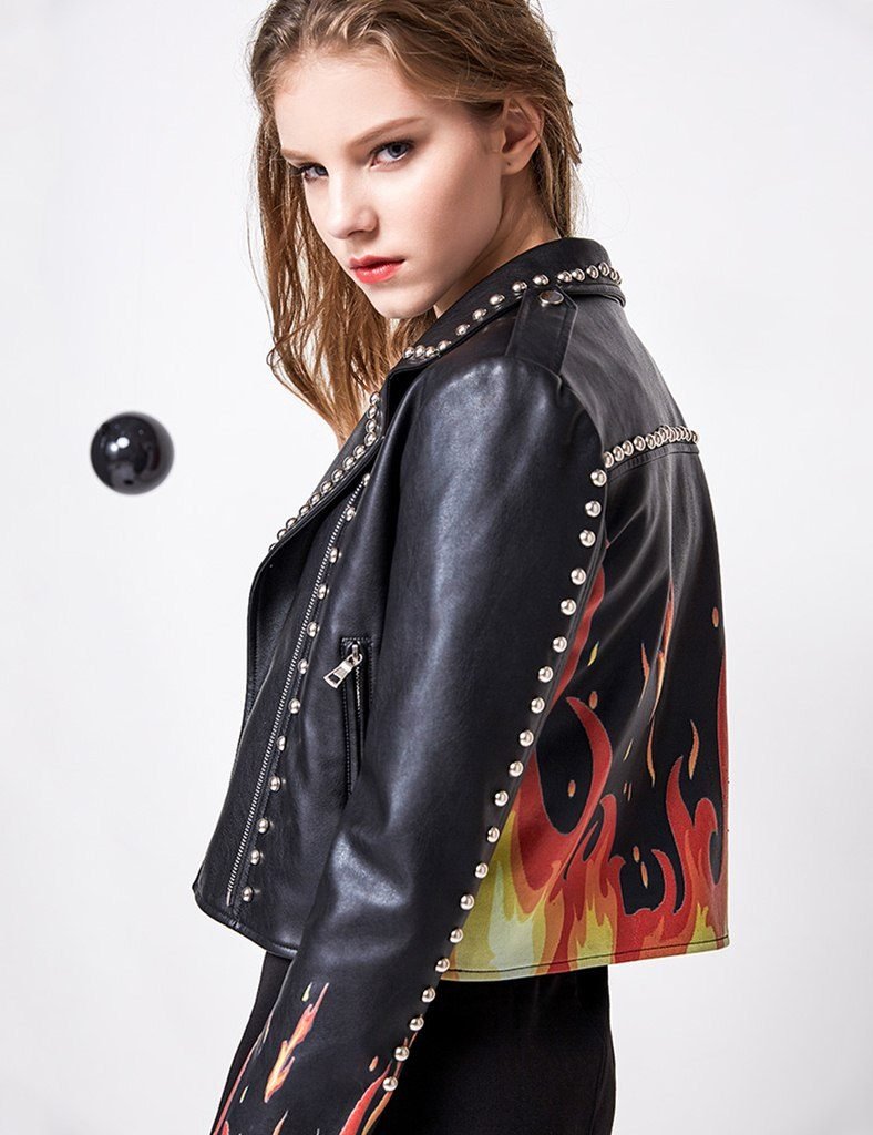 studded pattern leather jacket women black