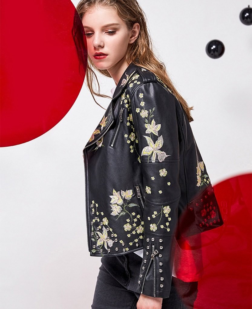 studded embroidered leather jacket women black