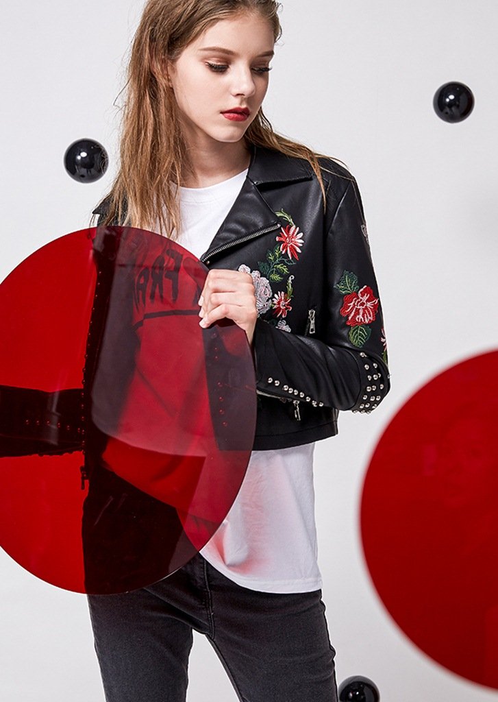 Studded Embroidered Leather Jacket for Women SK25807 - Image 6