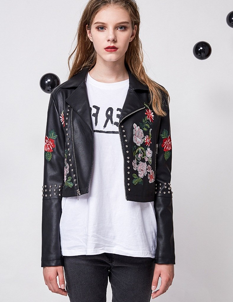 Studded Embroidered Leather Jacket for Women SK25807 - Image 4