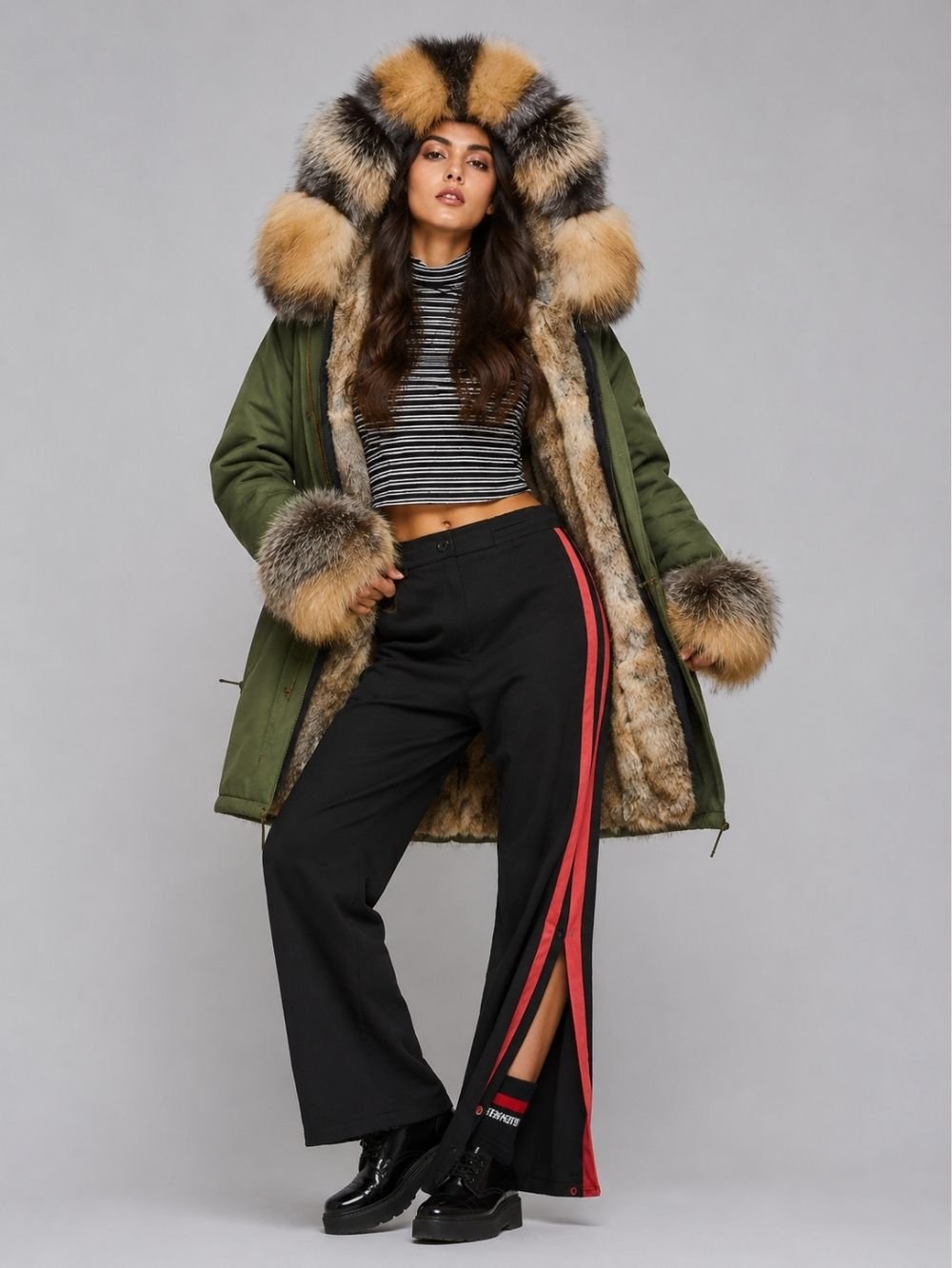 Fur Hooded Long Parka for Women – Khaki Winter Coat SK26651