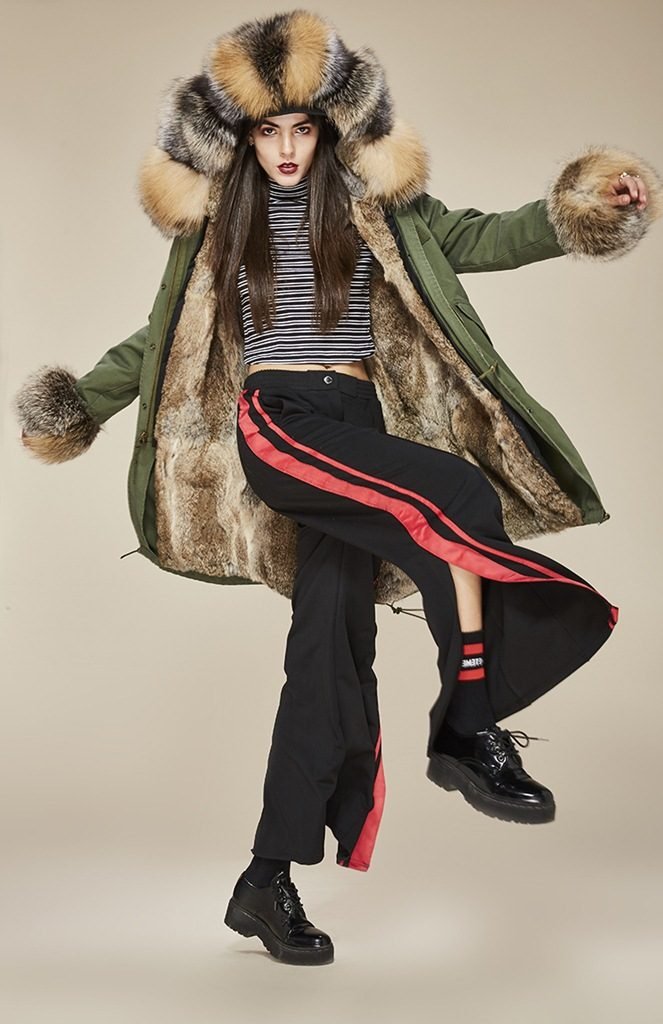 fur hooded long parka women khaki