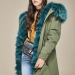 haki mavi tilki kürklü uzun kapüşonlu parka sk26372