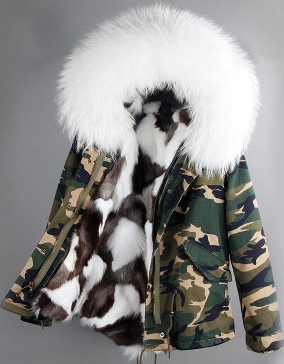 kamuflaj kürk kapüşonlu kısa parka sk26322