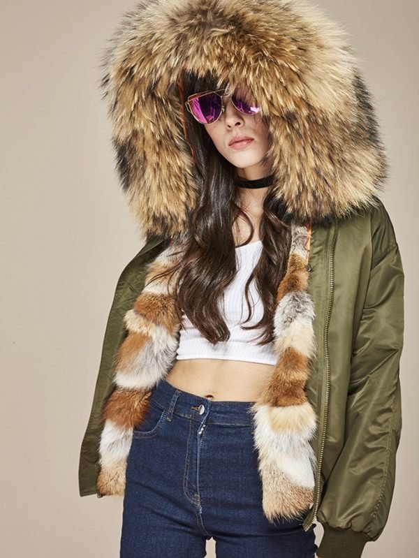 raccoon fur hood winter jacket close up