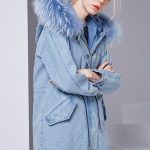 mavi kürk kapüşonlu kot parka sk28499