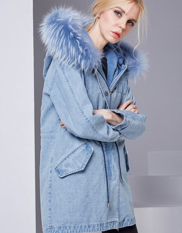 mavi kürk kapüşonlu kot parka sk28499