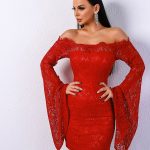 kırmızı düşük omuzlu dantel elbise sk31368