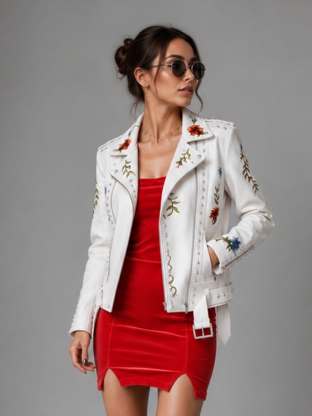 Studded Embroidered Faux Leather Jacket SK25737