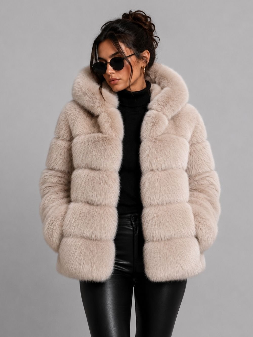 Hooded Faux Fur Short Jacket SK36722 - Image 3