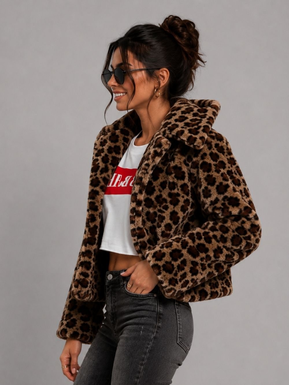 Leopard Faux Fur Cropped Jacket SK36045 - Image 2
