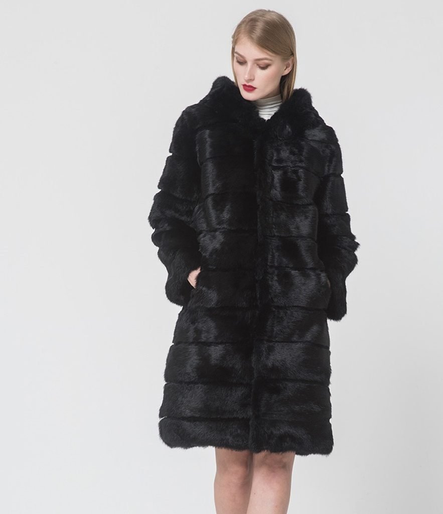 Hooded real rabbit fur long coat women
