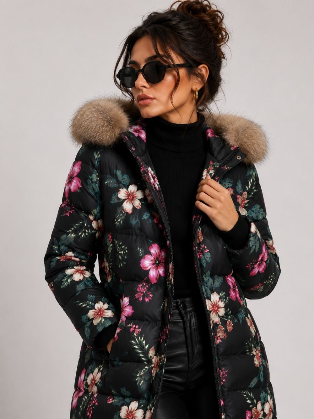 Floral Fur Hooded Winter Parka SK1807 - Image 2