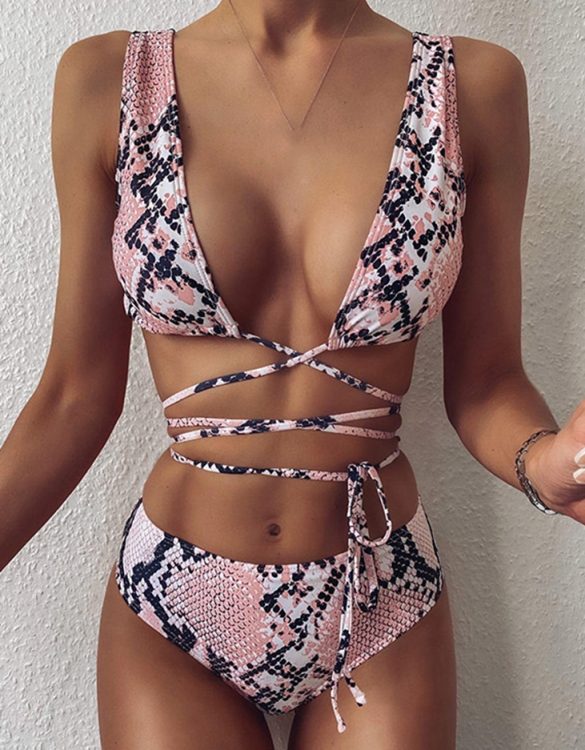pembe ip detaylı yılan desenli bikini sk49374 pembe ip detaylı yılan desenli bikini sk49374
