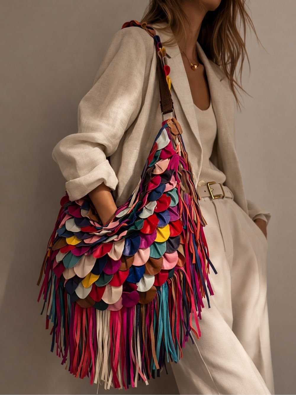 Patchwork Fringe Genuine Leather Shoulder Bag SK49710