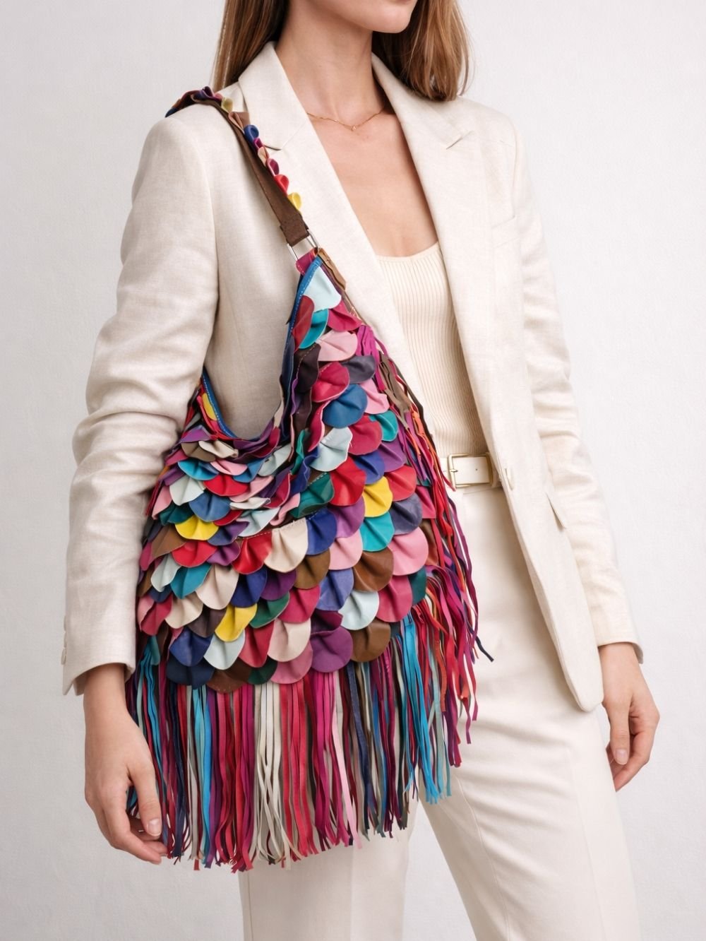 Patchwork Fringe Genuine Leather Shoulder Bag SK49710 - Image 2