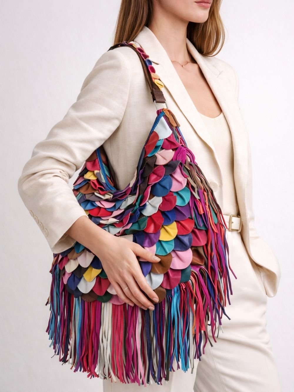 Patchwork Fringe Genuine Leather Shoulder Bag SK49710 - Image 4