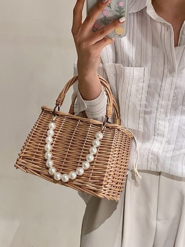 Beige woven bamboo mini summer handbag
