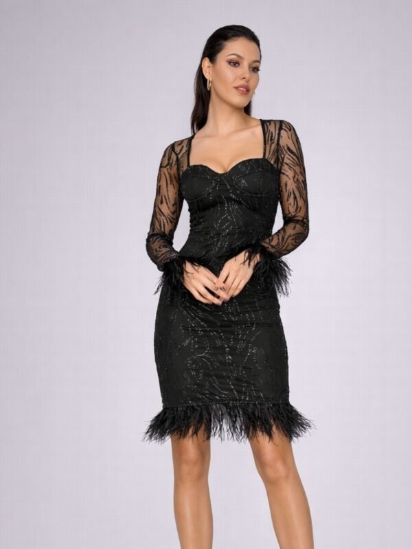 Feather sequin long sleeve mini dress