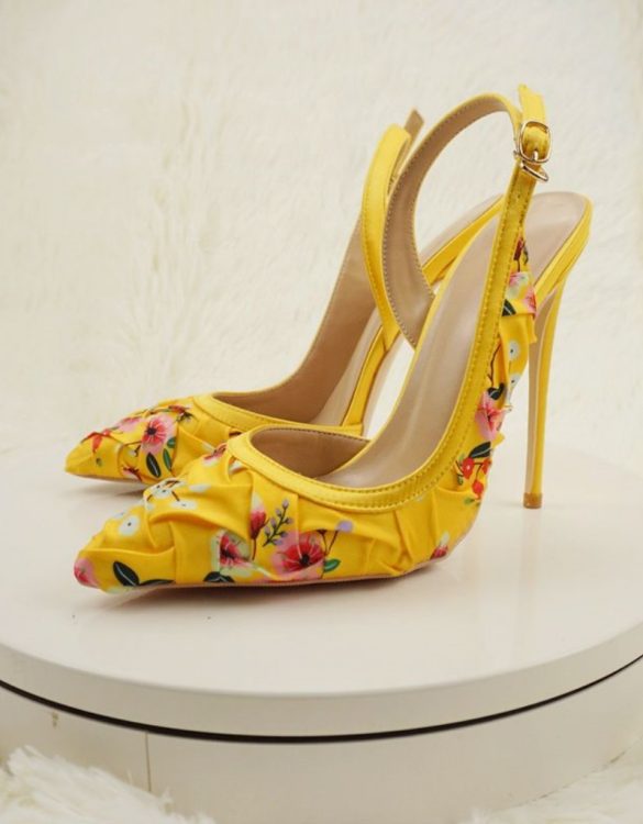Sarı Çiçekli Sivri Burun Yüksek Topuklu Ayakkabı SK51911