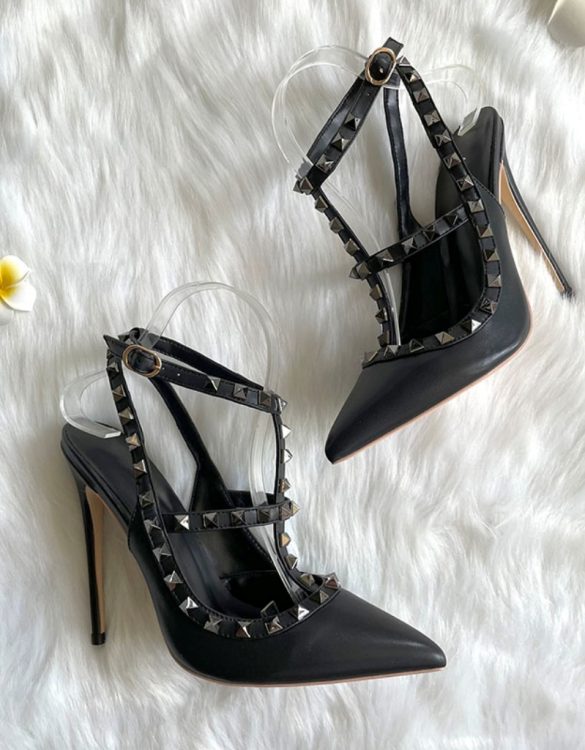Siyah Gerçek Deri Zımbalı Topuklu Stiletto SK51968 Siyah Gerçek Deri Zımbalı Topuklu Stiletto SK51968