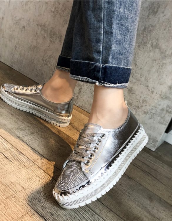 Gümüş Kristal Taşlı Parlak Espadril Ayakkabı SK52227