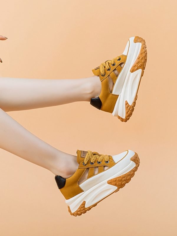 Yellow breathable leather platform sneakers