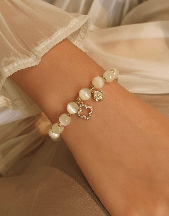 Beyaz Doğal Opal Yoncalı Bileklik SK53267