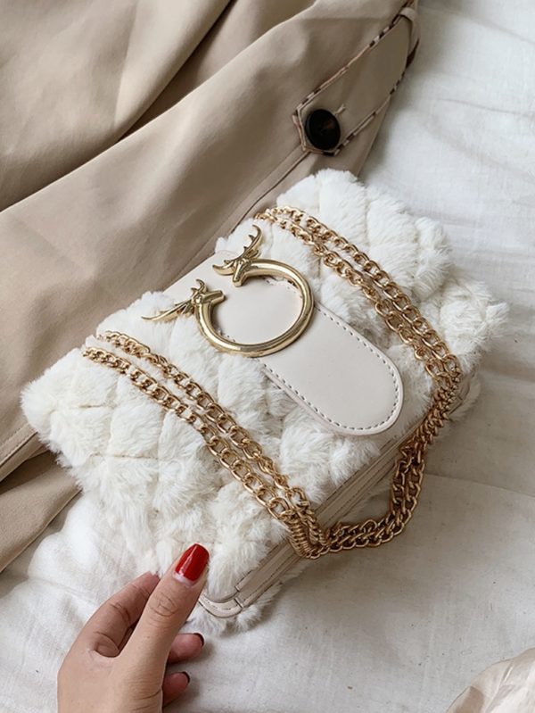 Yumuşak Kürklü Tasarım Zincir Saplı Çanta SK53537 - Beyaz