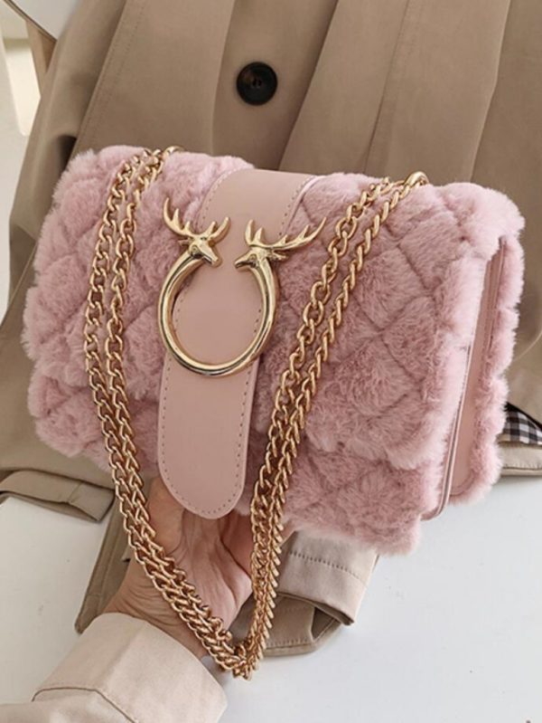 Yumuşak Kürklü Tasarım Zincir Saplı Çanta SK53537 - Pembe