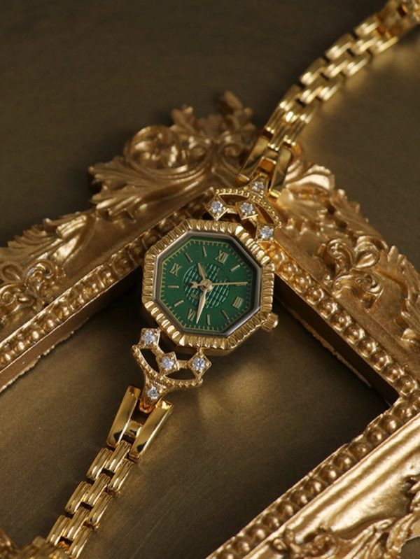 24 Ayar Altın Kaplama Taşlı Zarif Kol Saati SK53318 - Yeşil