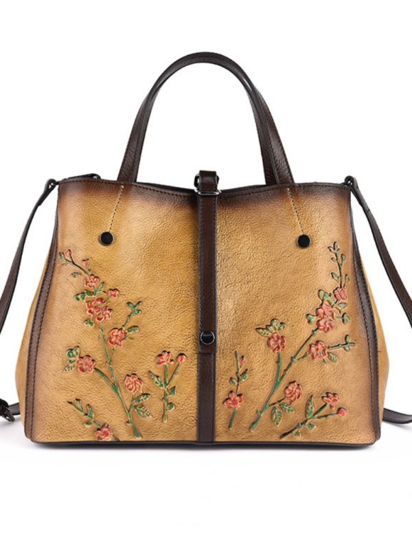Kabartma Çiçek İşleme Gerçek Deri Çanta SK54188 - Bej