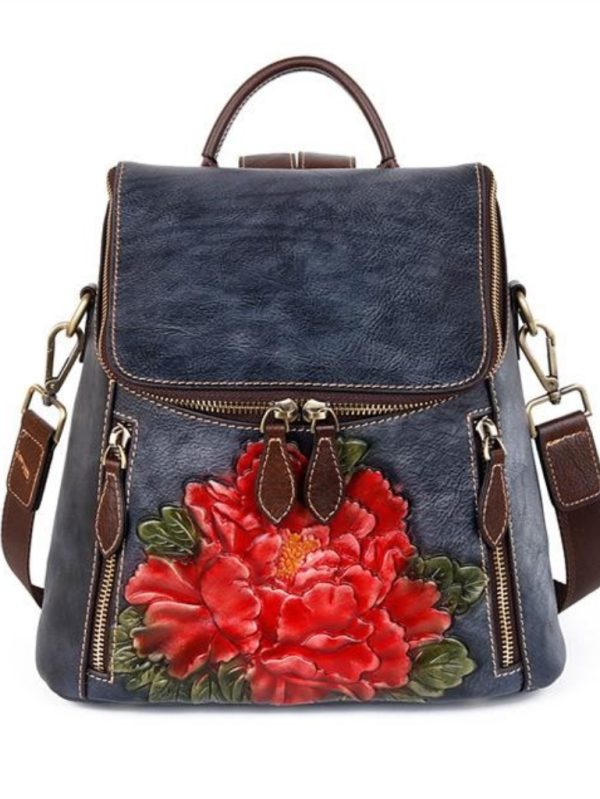 Çiçek Desenli Kabartma Gerçek Deri Sırt Çantası SK54206 - Gri