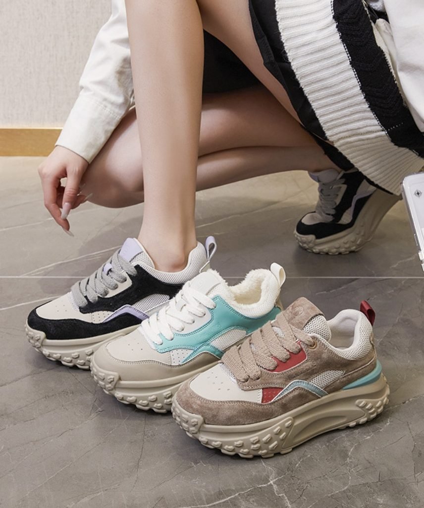 Genuine suede leather platform sneakers for women