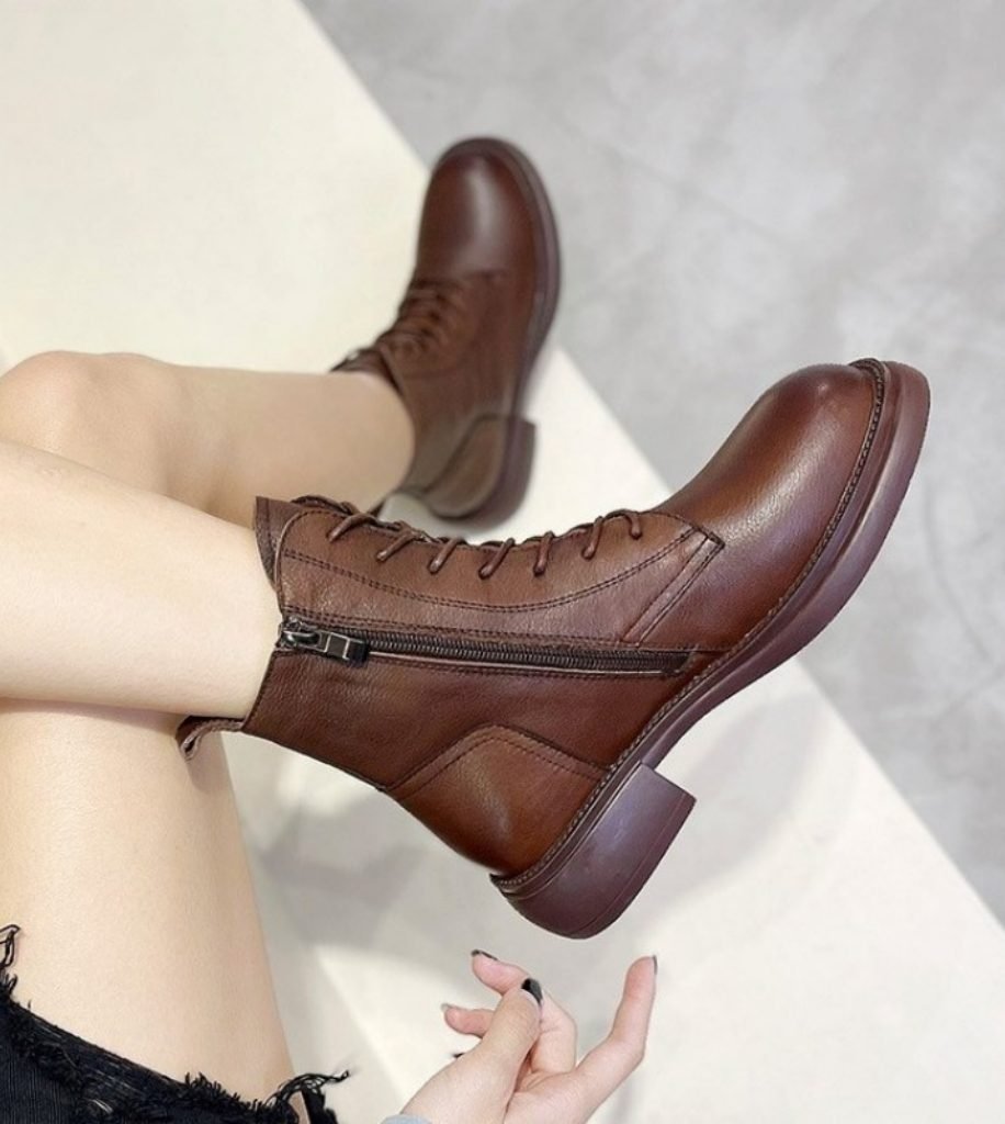 Genuine leather lace-up women’s ankle boots