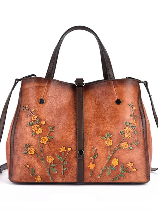Kabartma Çiçek İşleme Gerçek Deri Çanta SK54188 - Kahverengi
